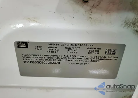 2012 Chevrolet Cruze Lt из США, поврежденный, VIN 1G1PG5SC5C7282378